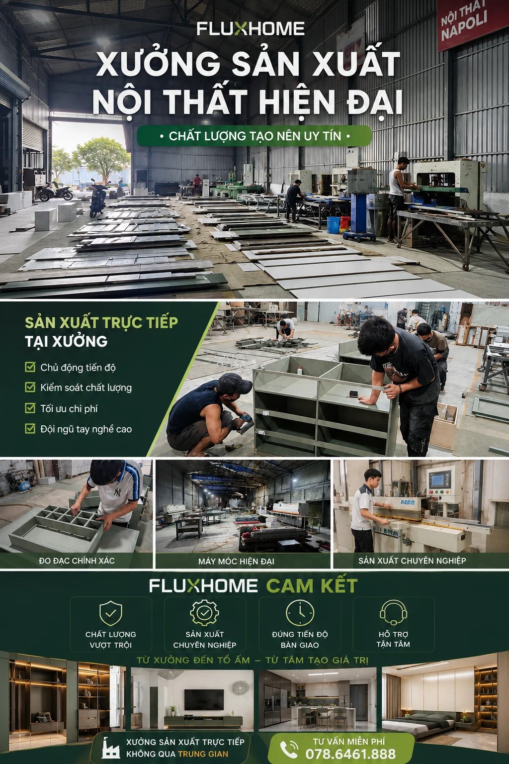 Xưởng sản xuất nội thất Fluxhome trực tiếp thi công đảm bảo chất lượng hoàn thiện